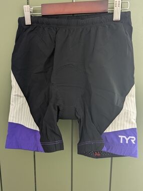 TYR Women's Black and Purple Cycling/Training Shorts with White Pinstripe Panels